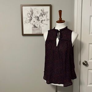 GAP Floral Red Blue Tank w/Keyhole detail & Ruffle Neck Sz. S Semi Sheer